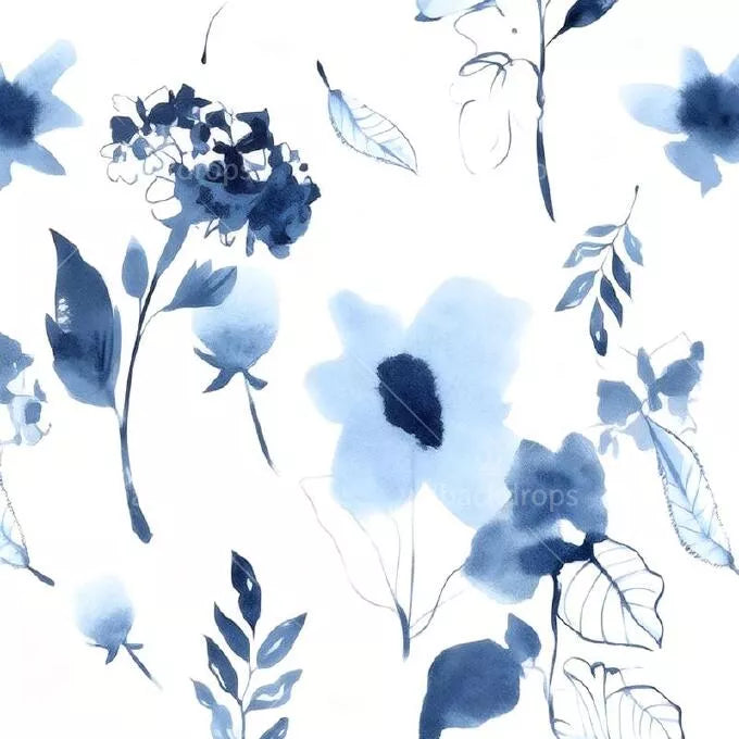 Indigo Blue Watercolor Floral Shower Curtain with Metal Roller Ball Hooks, 72 x 72 Inch