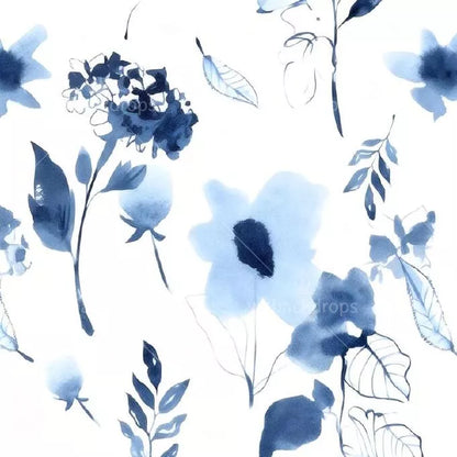 Indigo Blue Watercolor Floral Shower Curtain with Metal Roller Ball Hooks, 72 x 72 Inch