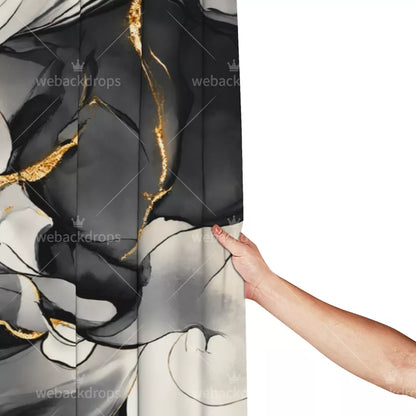 Black and Gold Marble Shower Curtain with Metal Roller Ball Hooks, 72 x 72 Inch