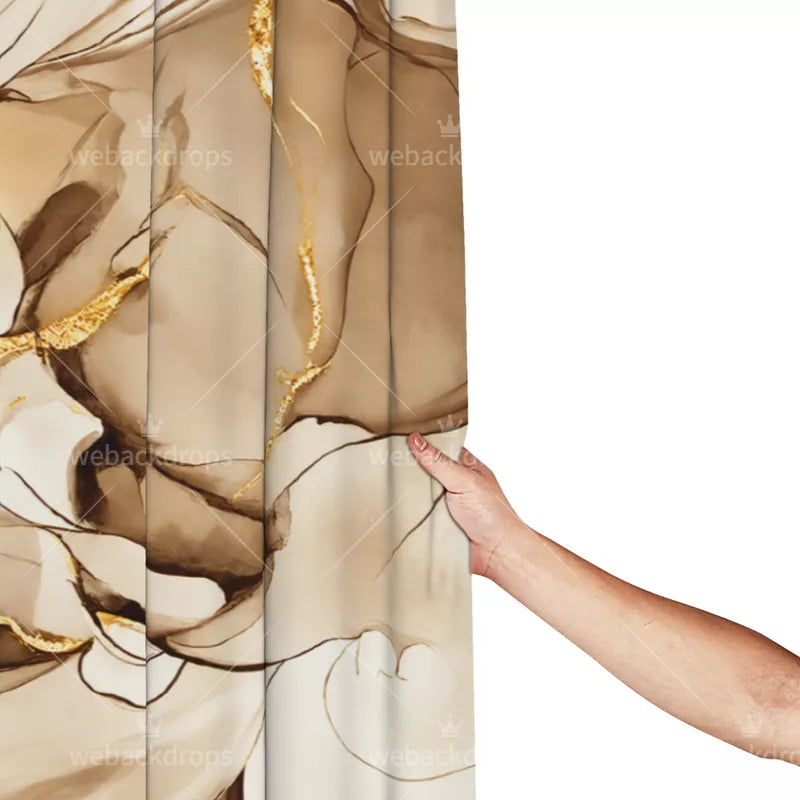 Champagne Beige and Gold Marble Shower Curtain with Metal Roller Ball Hooks, 72 x 72 Inch