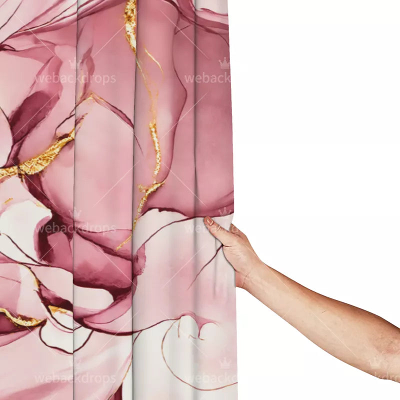 Blush Pink and Gold Marble Shower Curtain with Metal Roller Ball Hooks, 72 x 72 Inch