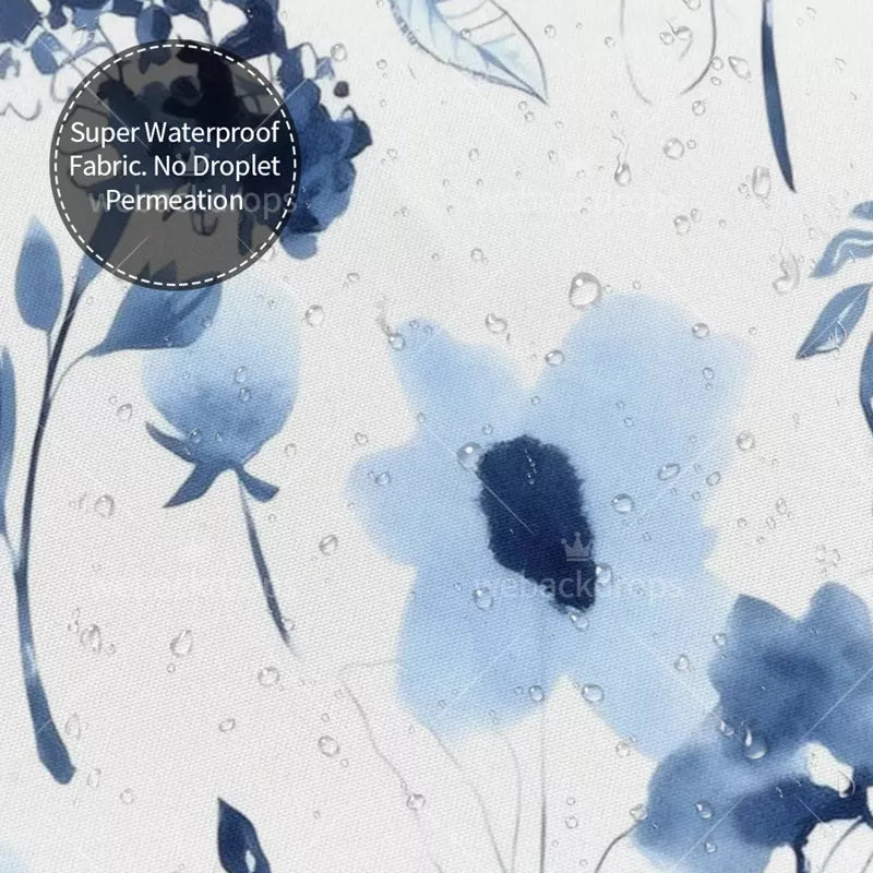 Indigo Blue Watercolor Floral Shower Curtain with Metal Roller Ball Hooks, 72 x 72 Inch