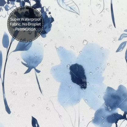 Indigo Blue Watercolor Floral Shower Curtain with Metal Roller Ball Hooks, 72 x 72 Inch