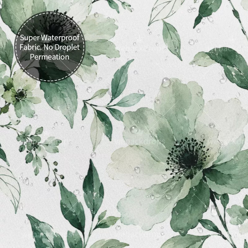 Sage Green Watercolor Floral Shower Curtain with Metal Roller Ball Hooks, 72 x 72 Inch
