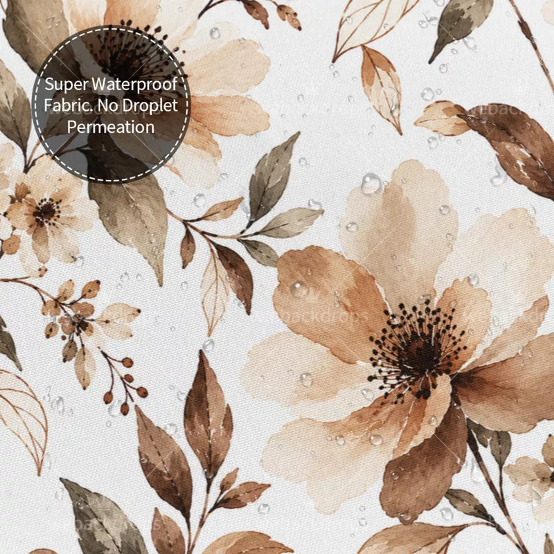 Warm Sepia Watercolor Floral Shower Curtain with Metal Roller Ball Hooks, 72 x 72 Inch