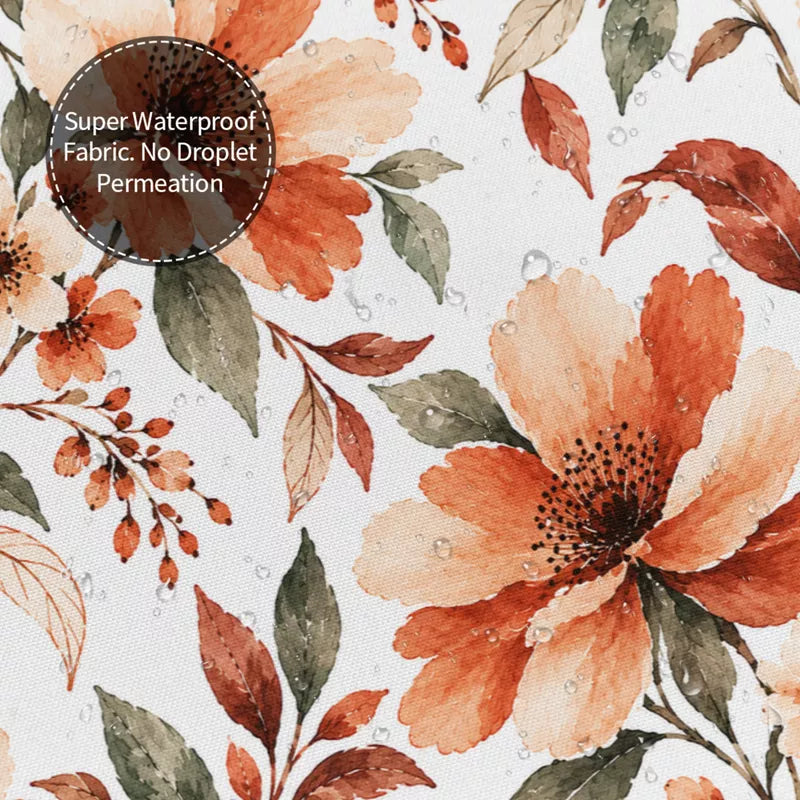 Terracotta Watercolor Floral Shower Curtain with Metal Roller Ball Hooks, 72 x 72 Inch