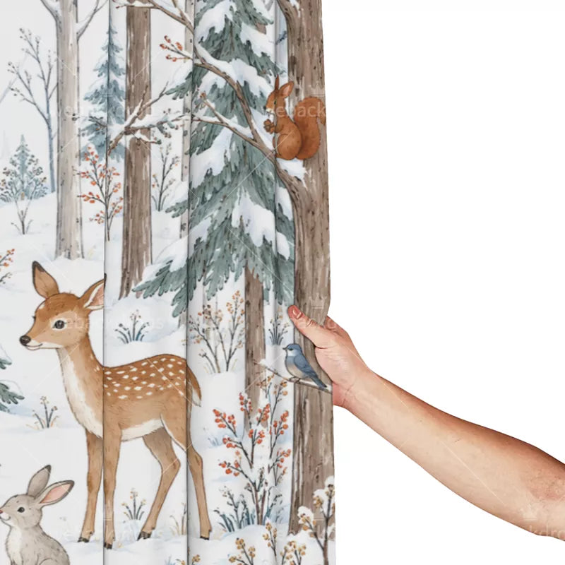 Snowy Deer Woodland Shower Curtain with Metal Roller Ball Hooks, 72 x 72 in