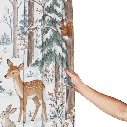 Snowy Deer Woodland Shower Curtain with Metal Roller Ball Hooks, 72 x 72 in