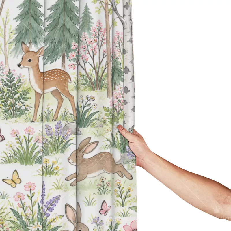 Spring Bunny Meadow Woodland Shower Curtain with Metal Roller Ball Hooks, 72 x 72 in
