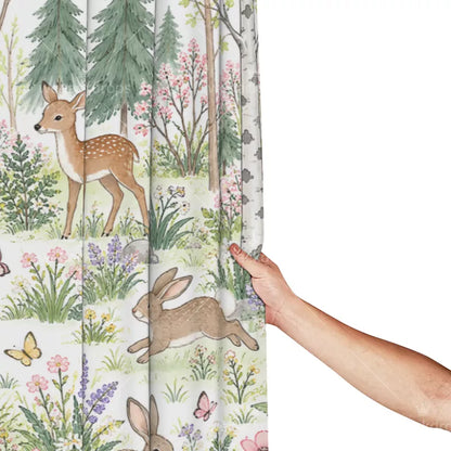 Spring Bunny Meadow Woodland Shower Curtain with Metal Roller Ball Hooks, 72 x 72 in