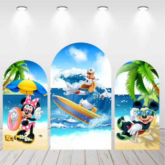 Mouse Summer Ocean Surfing Bursdag Baby Shower Arch Bakgrunnsdeksel