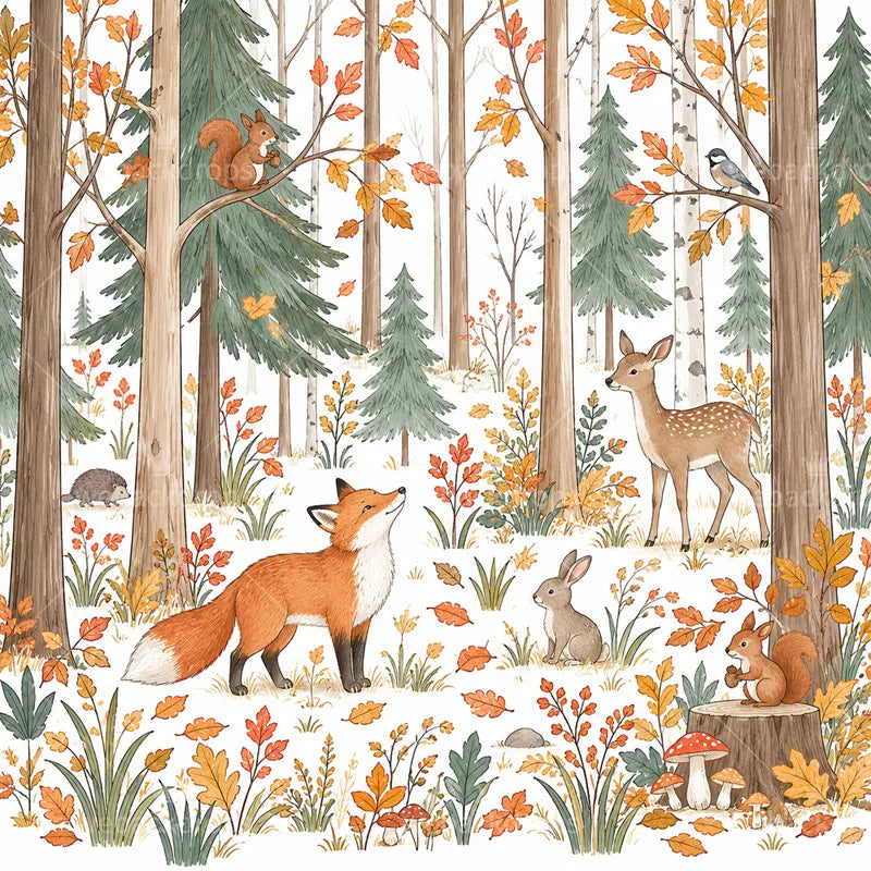 Autumn Fox Woodland Animals Shower Curtain with Metal Roller Ball Hooks, 72 x 72 Inch