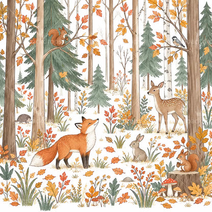 Autumn Fox Woodland Animals Shower Curtain with Metal Roller Ball Hooks, 72 x 72 Inch
