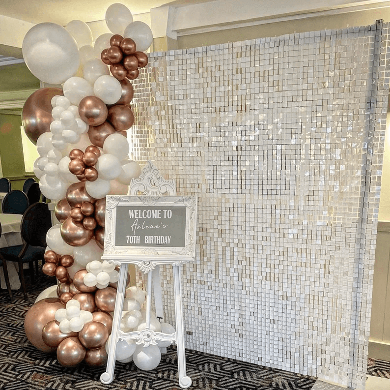 Valkoiset Sequin Shimmer -seinäpaneelit juhlien sisustamiseen Syntymäpäivän polttareiden häät