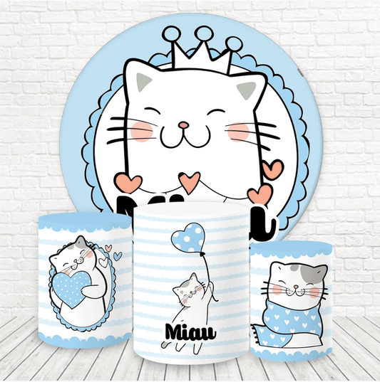 Cartoon Cat Kids 1st Birthday Party Baby Shower Round Backdrop Cylinder Covers
