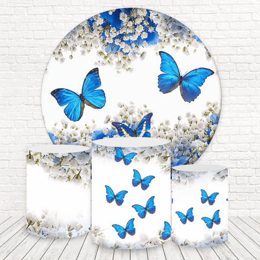 Plavi leptir, rođendansko vjenčanje, okrugle navlake za cilindre pozadine