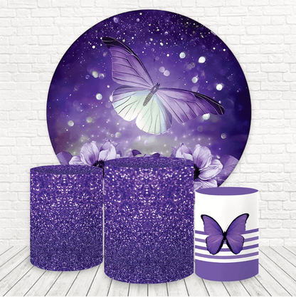 Purple Butterfly Glitter Girls Birthday Wedding Round Backdrop Cylinder Covers