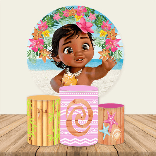 Moana Girls Birthday Round Background For Events Decor Cylinder Covers Party Backdrop