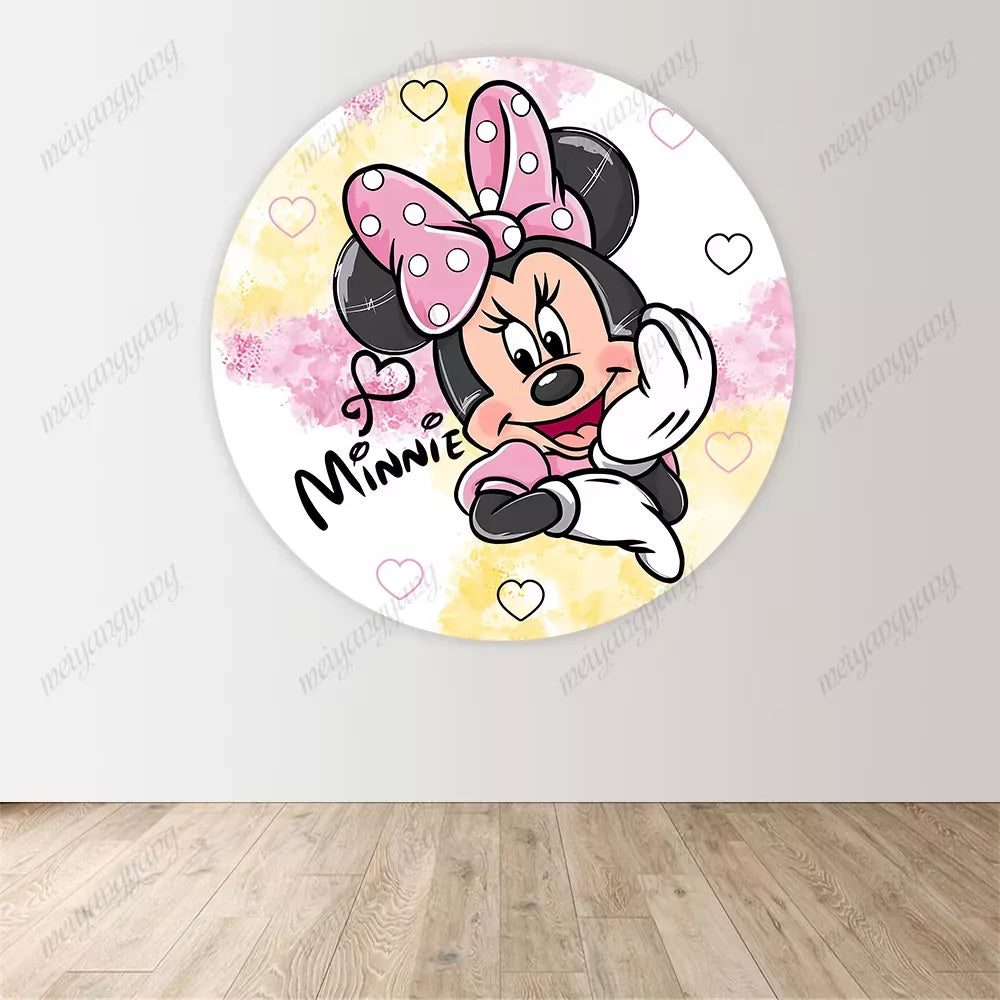 Pink Yellow Heart Minnie Mouse Round Backdrop Cover Kids Newborn Birthday Party Decor Photo Background