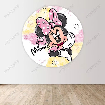 Pink Yellow Heart Minnie Mouse Round Backdrop Cover Kids Newborn Birthday Party Decor Photo Background