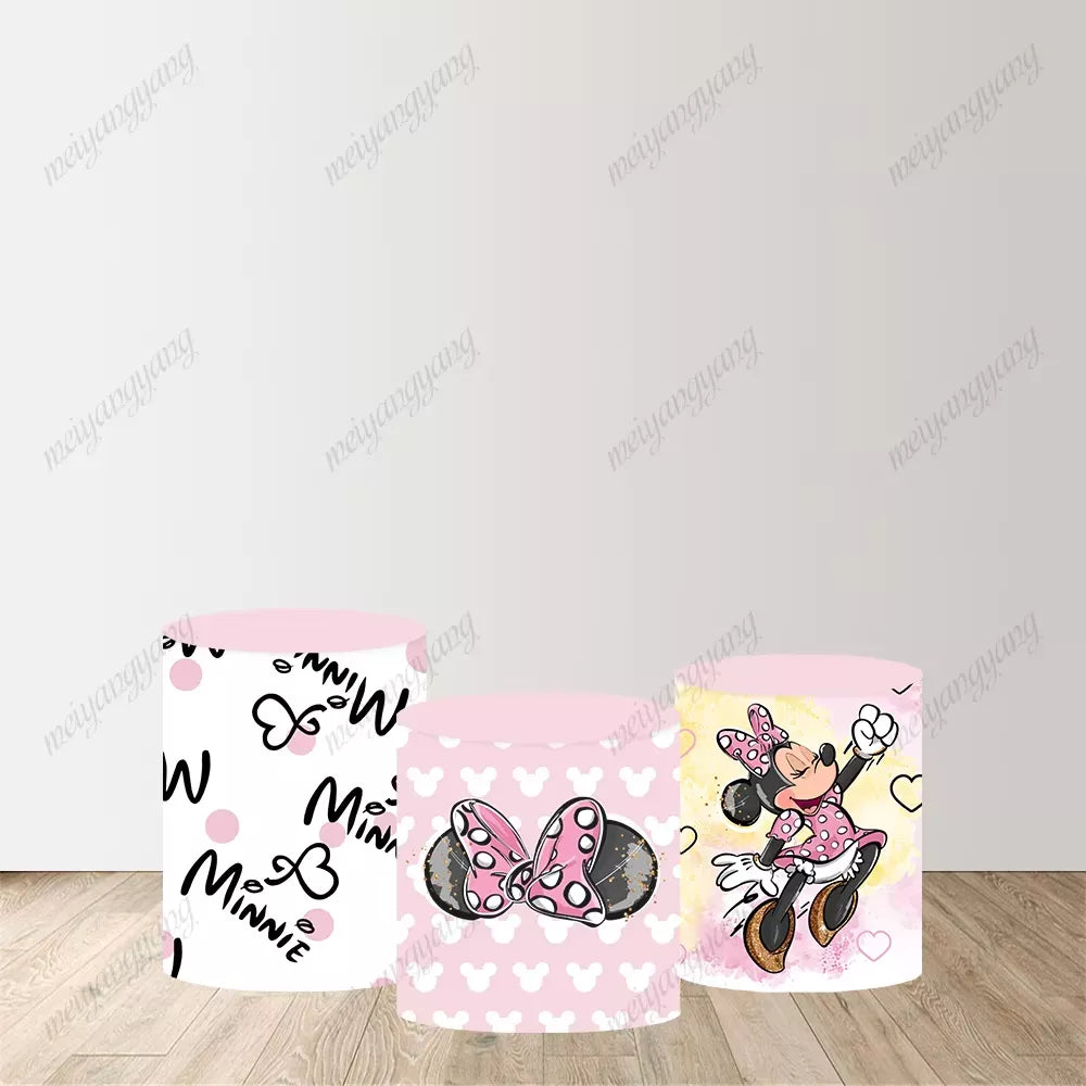 Pink Yellow Heart Minnie Mouse Round Backdrop Cover Kids Newborn Birthday Party Decor Photo Background