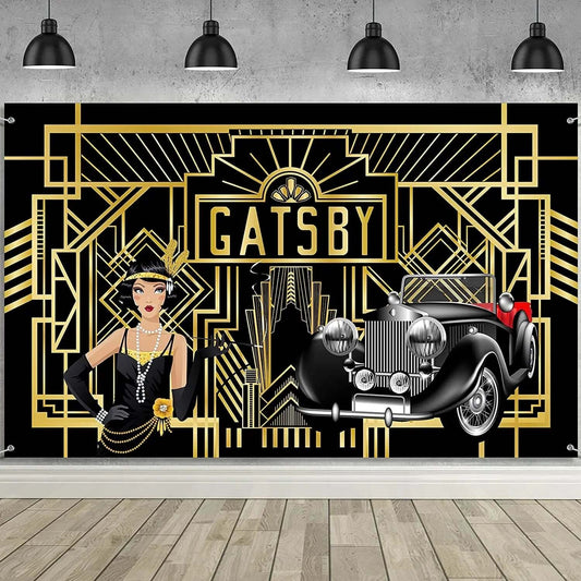 Décor de fête rétro sur le thème Great Gatsby, noir et or