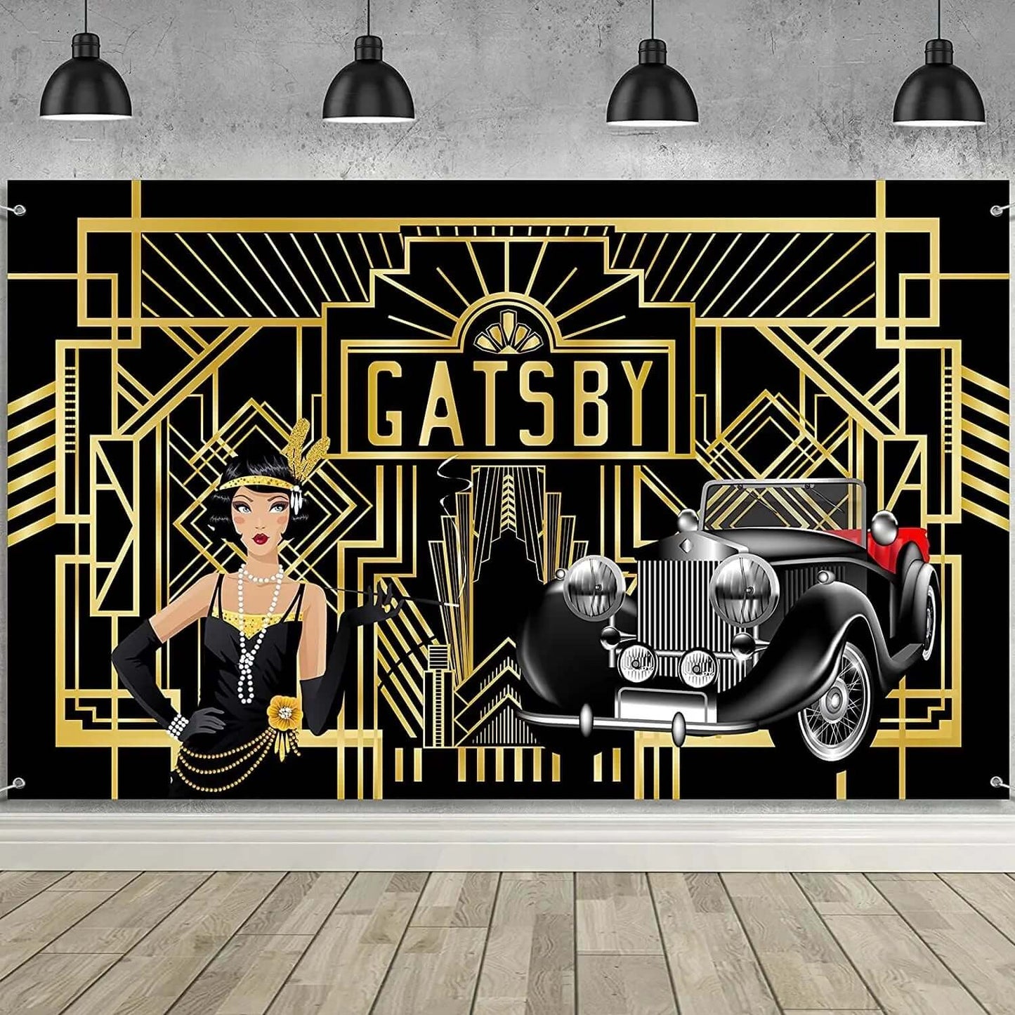 Sfondo di decorazioni per feste retrò in nero e oro a tema Great Gatsby