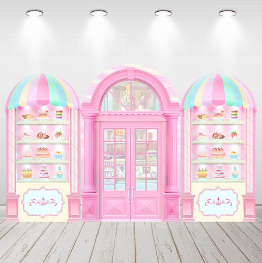 Sfondo rosa del negozio di caramelle per ragazze, sfondo ad arco, sfondo da parete Chiara