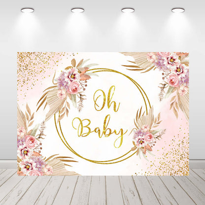 Boho Pink Flowers Oh Baby Backdrop Newborn Birthday Party Photography Background