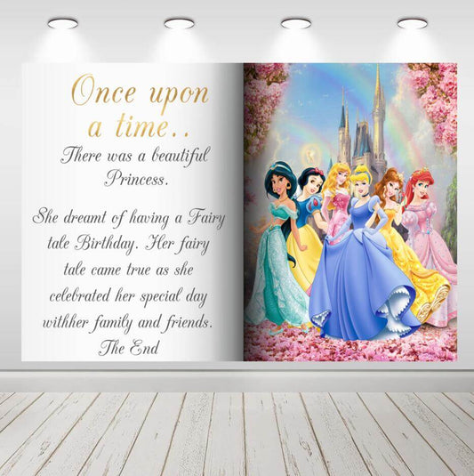 Livre de fées princesse, arrière-plan de photographie de fête prénatale pour fille, fête d'anniversaire