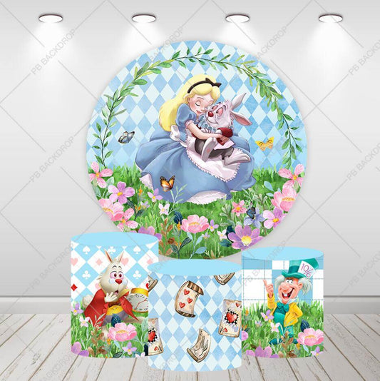 Alice in Wonderland Meisjes Verjaardag Ronde Achtergrond Party Decor Cilinderhoezen