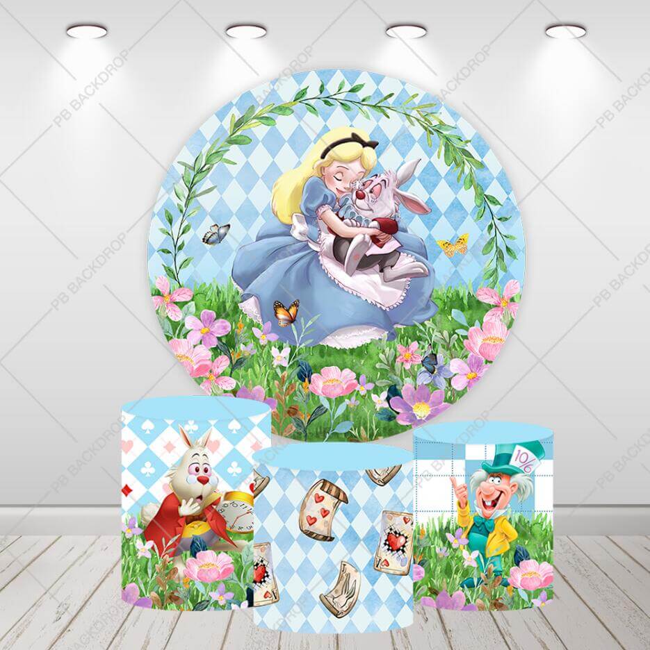 Alice in Wonderland Meisjes Verjaardag Ronde Achtergrond Party Decor Cilinderhoezen