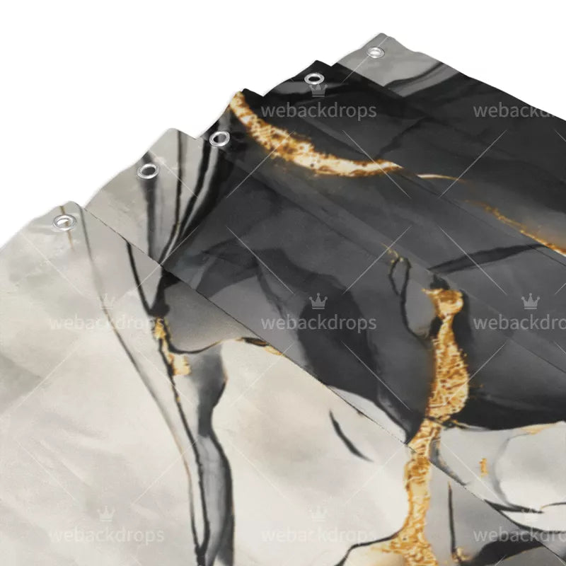 Black and Gold Marble Shower Curtain with Metal Roller Ball Hooks, 72 x 72 Inch