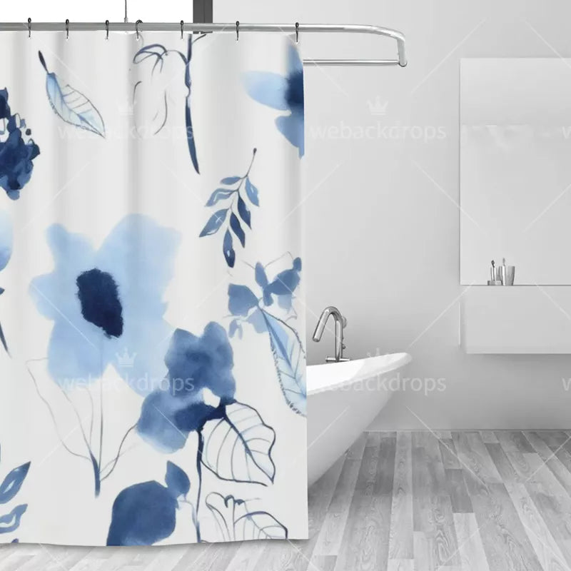 Indigo Blue Watercolor Floral Shower Curtain with Metal Roller Ball Hooks, 72 x 72 Inch