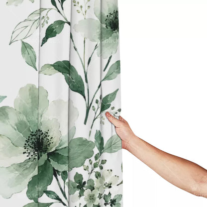 Sage Green Watercolor Floral Shower Curtain with Metal Roller Ball Hooks, 72 x 72 Inch