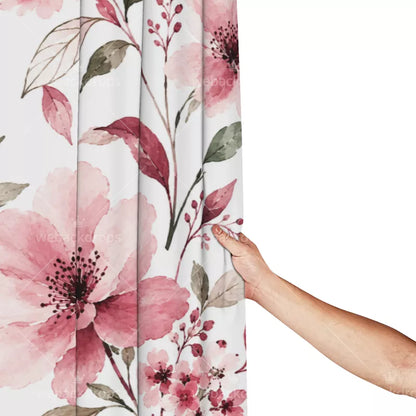 Dusty Rose Watercolor Floral Shower Curtain with Metal Roller Ball Hooks, 72 x 72 Inch