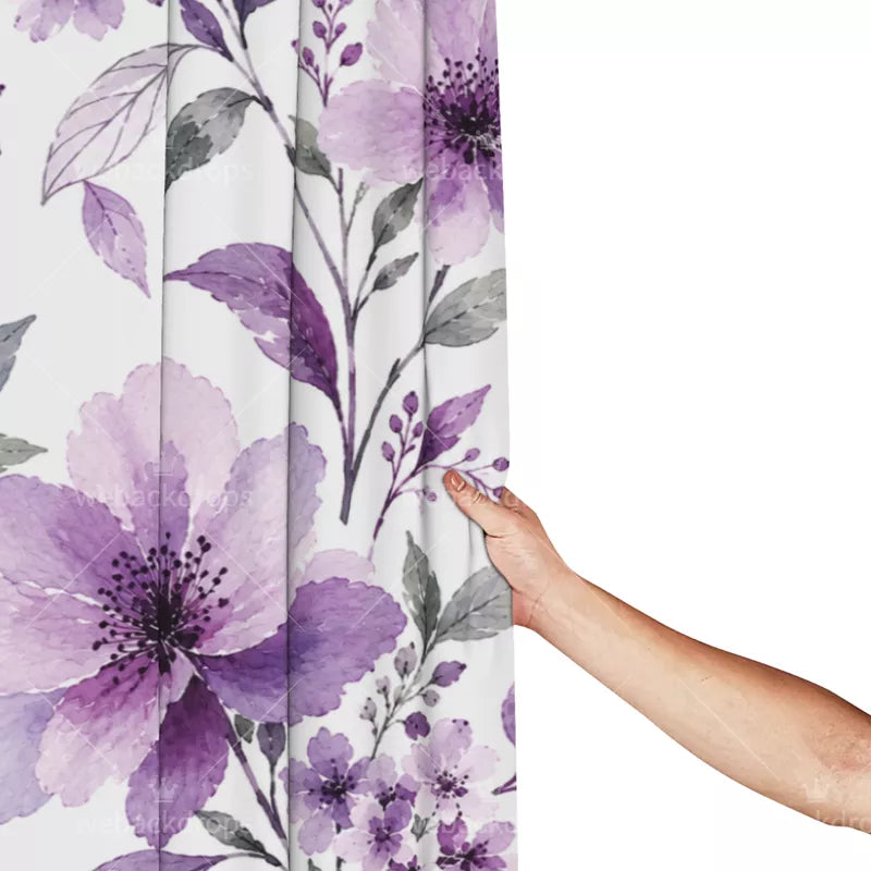 Lavender Purple Watercolor Floral Shower Curtain with Metal Roller Ball Hooks, 72 x 72 Inch