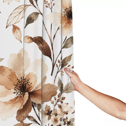 Warm Sepia Watercolor Floral Shower Curtain with Metal Roller Ball Hooks, 72 x 72 Inch