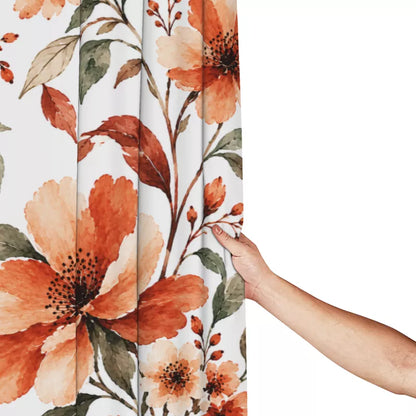 Terracotta Watercolor Floral Shower Curtain with Metal Roller Ball Hooks, 72 x 72 Inch