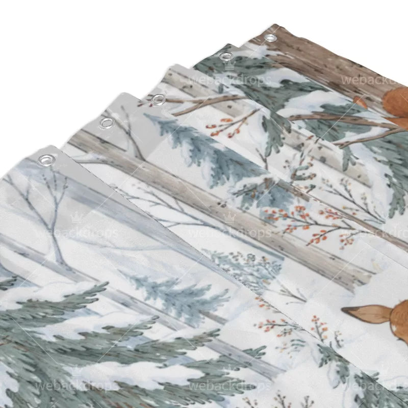 Snowy Deer Woodland Shower Curtain with Metal Roller Ball Hooks, 72 x 72 in
