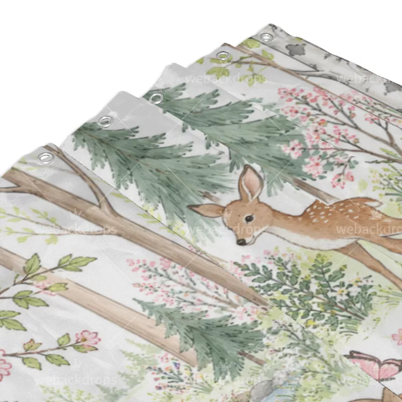 Spring Bunny Meadow Woodland Shower Curtain with Metal Roller Ball Hooks, 72 x 72 in