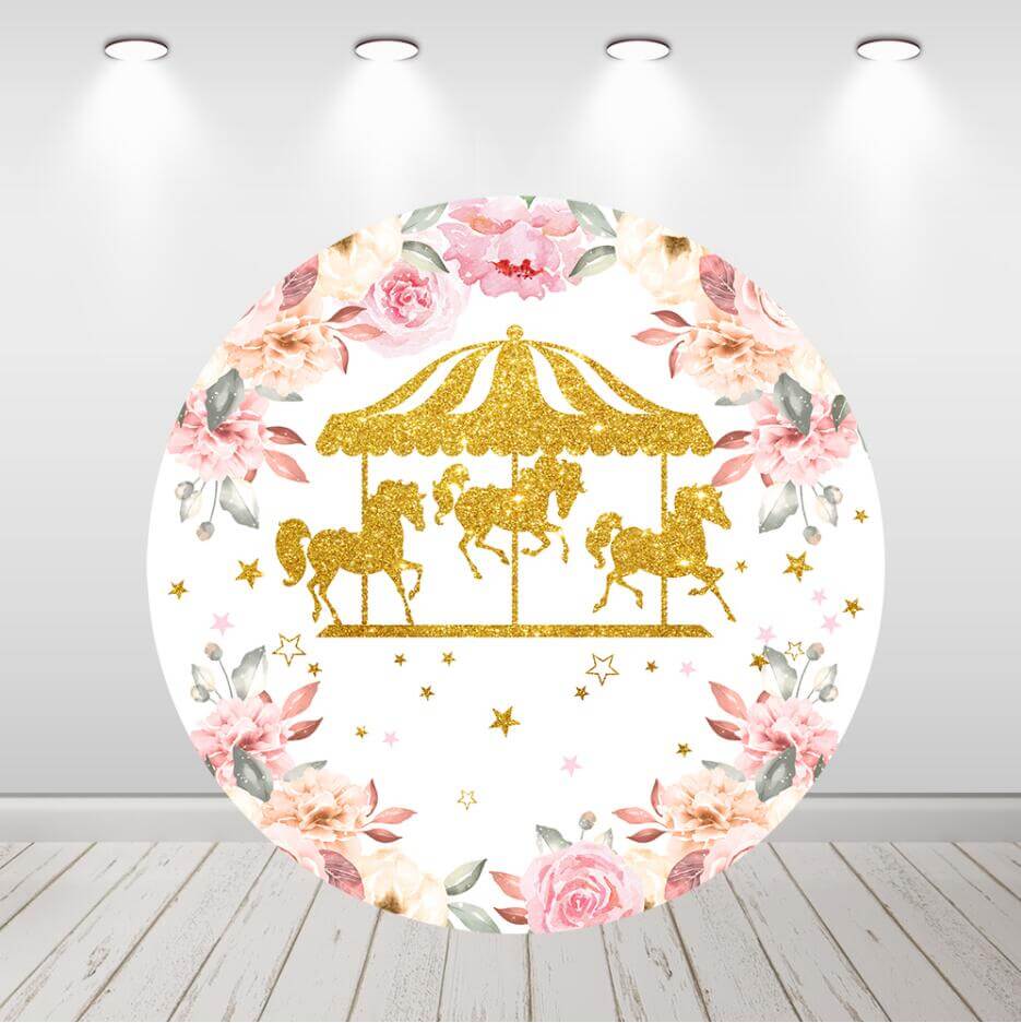 Ružičasti vrtuljak s cvijećem, okrugli krug, pozadina za ukras za rođendansku zabavu djevojčice
