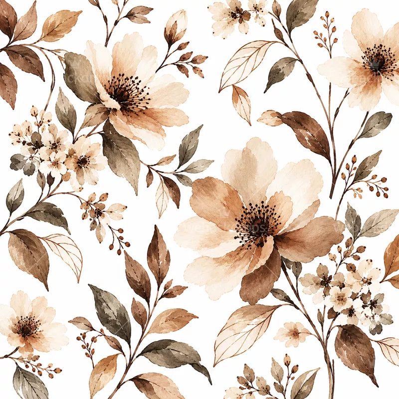 Warm Sepia Watercolor Floral Shower Curtain with Metal Roller Ball Hooks, 72 x 72 Inch