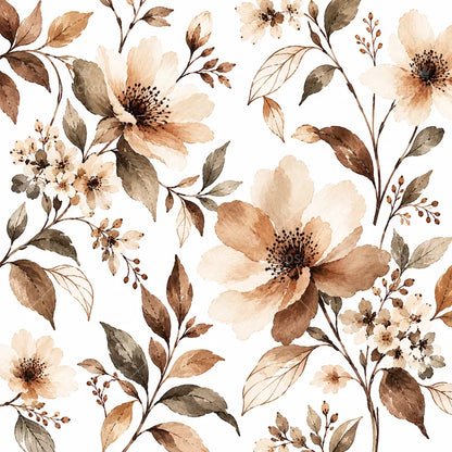 Warm Sepia Watercolor Floral Shower Curtain with Metal Roller Ball Hooks, 72 x 72 Inch