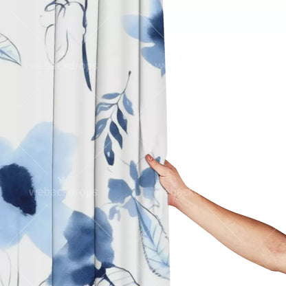 Indigo Blue Watercolor Floral Shower Curtain with Metal Roller Ball Hooks, 72 x 72 Inch