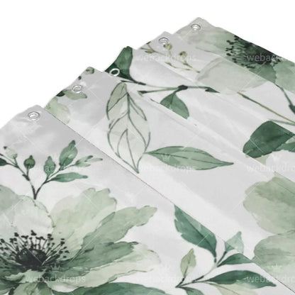 Sage Green Watercolor Floral Shower Curtain with Metal Roller Ball Hooks, 72 x 72 Inch