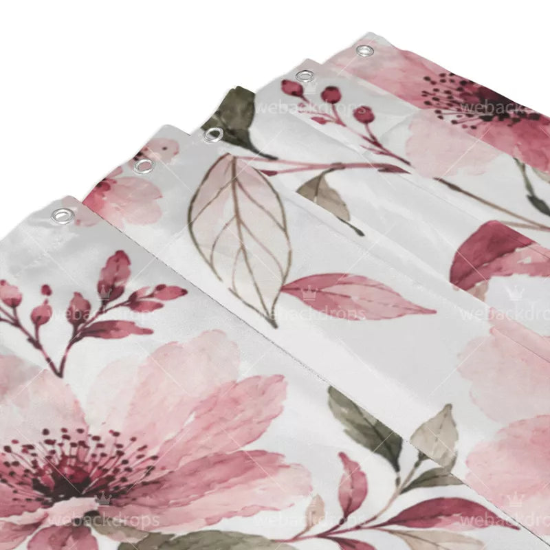 Dusty Rose Watercolor Floral Shower Curtain with Metal Roller Ball Hooks, 72 x 72 Inch