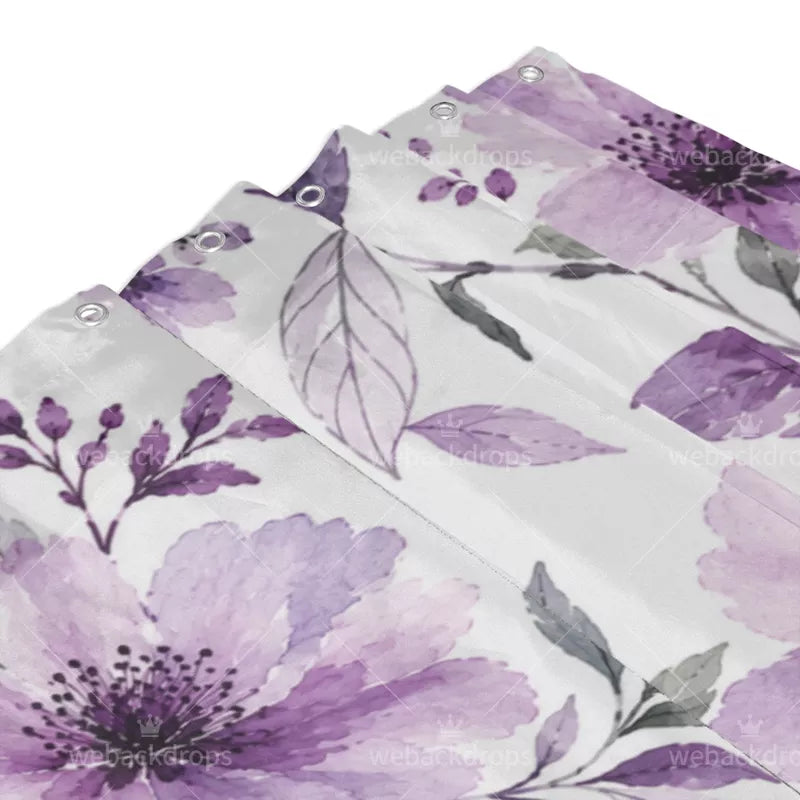 Lavender Purple Watercolor Floral Shower Curtain with Metal Roller Ball Hooks, 72 x 72 Inch
