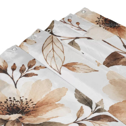 Warm Sepia Watercolor Floral Shower Curtain with Metal Roller Ball Hooks, 72 x 72 Inch