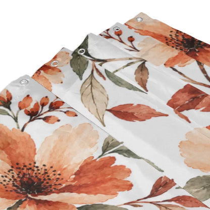 Terracotta Watercolor Floral Shower Curtain with Metal Roller Ball Hooks, 72 x 72 Inch